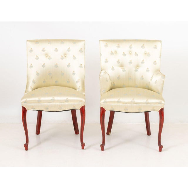 Two Floral Pattern Cream Silk Upholstered Side Chairs, one an armchair, both on red lacquered cabriole legs. Armchair: 36"...