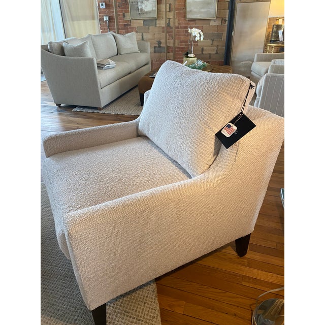These current showroom floor model Baker Ensley chairs are covered in upgraded perennial fabric & chocolate mink finish....