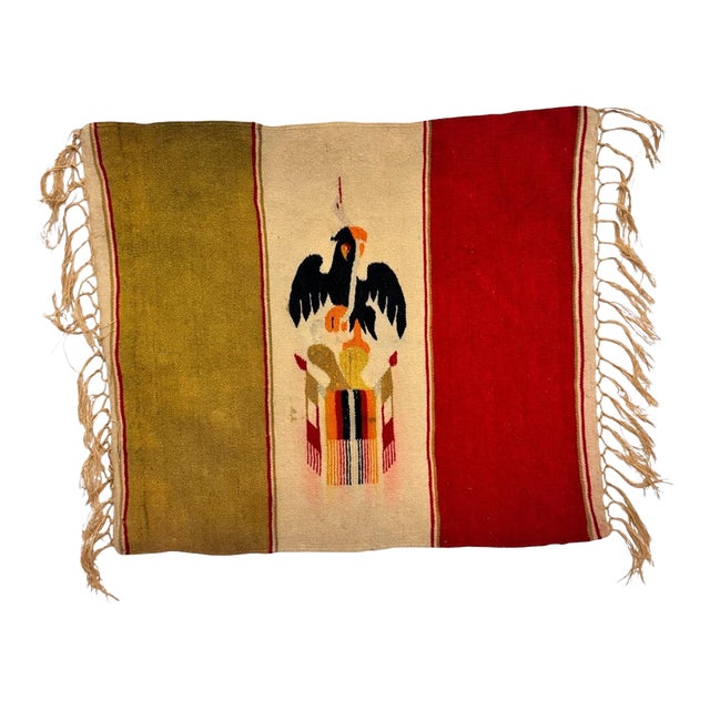 Antique 1920-30s Mexican Bandera Saltillo Serape Woven Eagle Flag Mat 20x17" For Sale