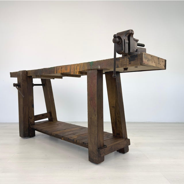 Dimensions: H 32.5” x W 80.5” x D 13.5” Vintage handcrafted carpenter ’s workbench. Please see our other listings for...