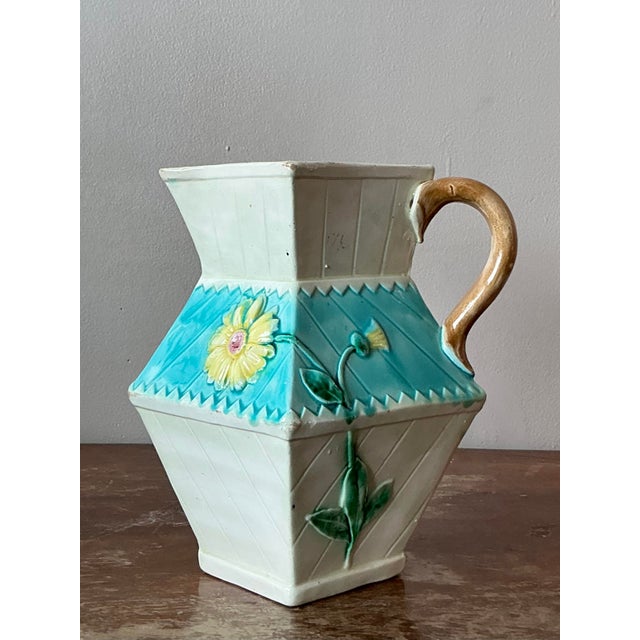 Art Nouveau Vintage Regency Faceted Majolica Pitcher For Sale - Image 3 of 7