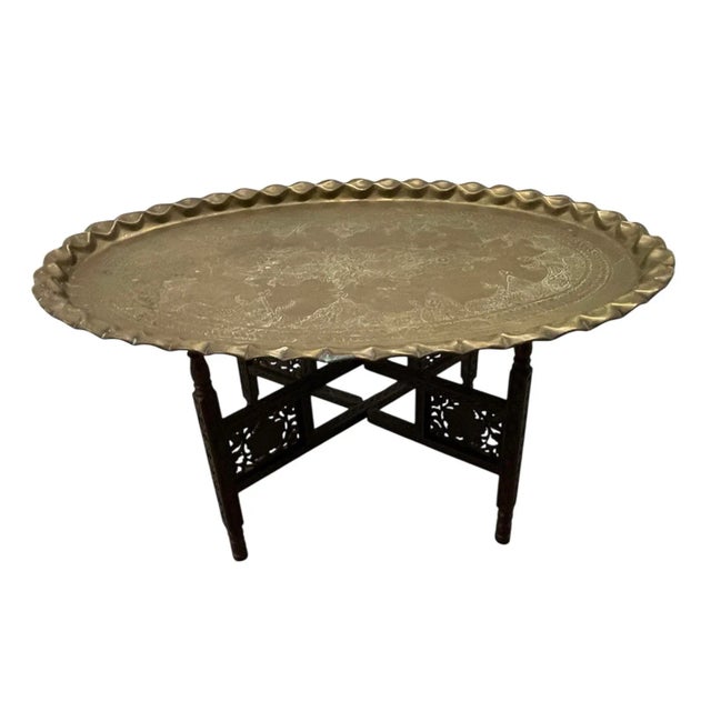 Mid-century Moroccan Oval Brass Tray Table Wonderful large mid-century Moroccan oval brass tray table that functions as a...