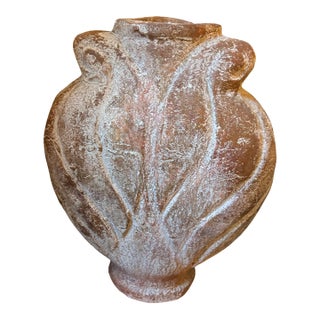 Large Hand-Thrown Terracotta Floor Jar With Artichoke Relief, Scroll Handles and Natural Whitewash Patina For Sale