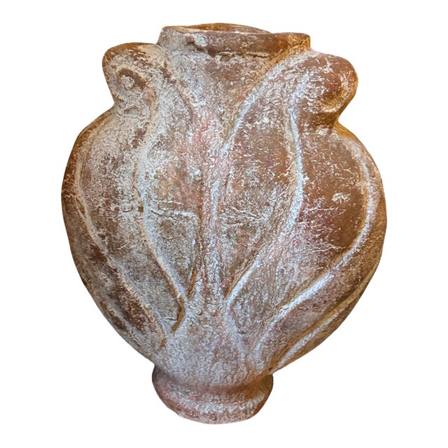 Large Hand-Thrown Terracotta Floor Jar With Artichoke Relief, Scroll Handles and Natural Whitewash Patina For Sale