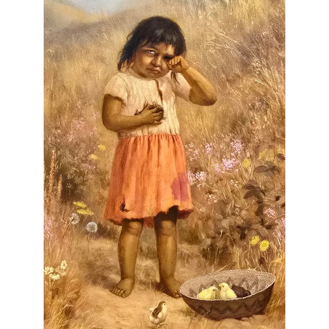 Alice Coutts –Young Native American Pomo Girl W/Her Chicks-19th C. Oil Painting For Sale - Image 12 of 13