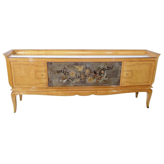 Mid-Century Sideboard with Central Motif Mirror Featuring and Glass Top, 1940s For Sale - Image 4 of 4