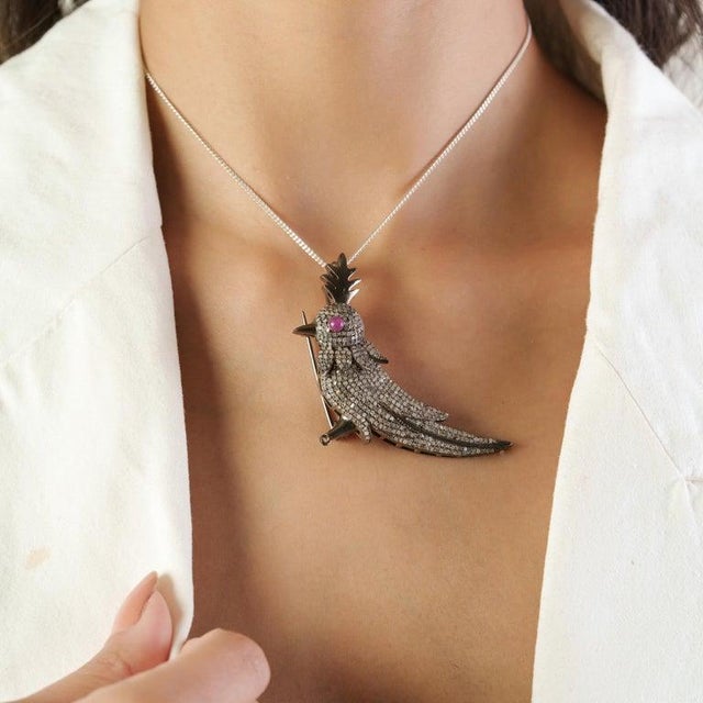 Metal Chic Antique Bird Pendant Brooch With Ruby and Diamonds For Sale - Image 7 of 14