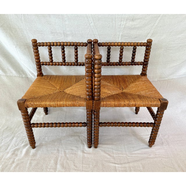 Early 20th Century Exceptional Pair of French Oak Bobbin Corner Chairs For Sale - Image 5 of 9
