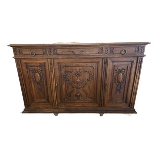 Antique French Louis XVI Style Walnut Sideboard / Buffet With Marble Top 3-Door Cabinet For Sale