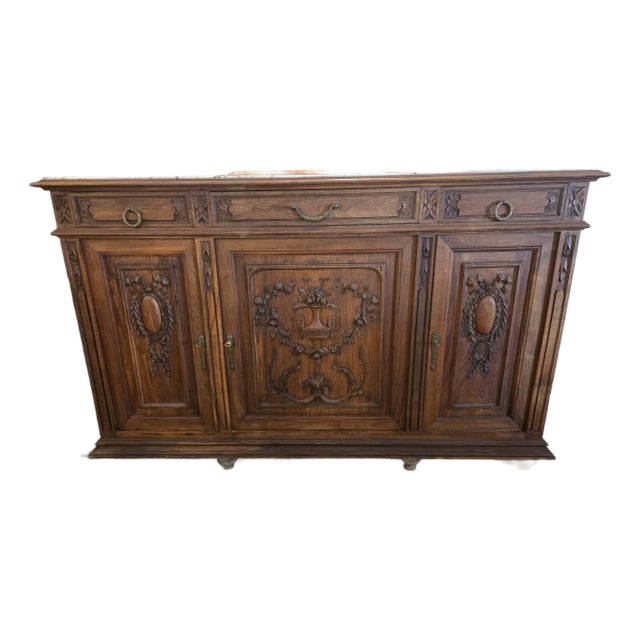 Antique French Louis XVI Style Walnut Sideboard / Buffet With Marble Top 3-Door Cabinet For Sale