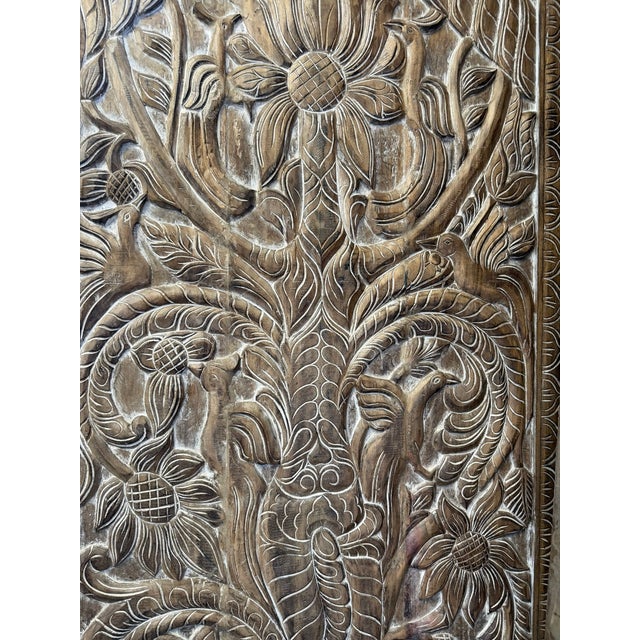1920s Tree of Life Hand-Carved Reclaimed Wood Barn Door Panel – Rustic Bohemian Wall Art Statement 84x36 For Sale - Image 5 of 7