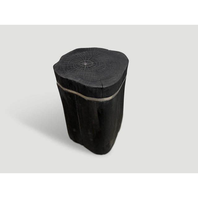 Andrianna Shamaris Minimalist Charred Teak Wood and Silver Side Table For Sale - Image 4 of 5