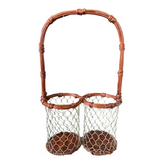 Vintage Boho Chic Wicker and Wire Double Wine Bottle Caddy With Handle For Sale