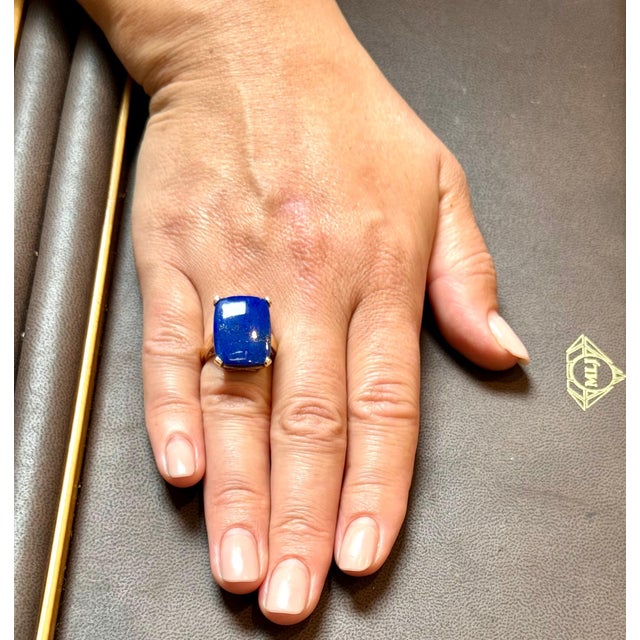 13 Ct Emerald cut Natural Lapis Lazuli Ring in 14 Kt Yellow Gold, Estate Size 8 For Sale - Image 12 of 18