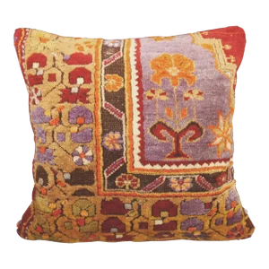 Handknotted Multicolor Pillow Cover Made from Vintage Rug