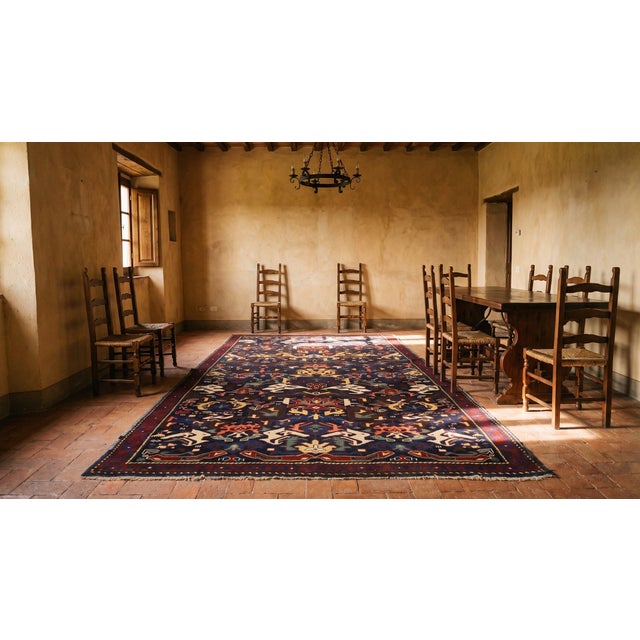 1870s Blue Geometric Tribal Antique Caucasian Zeychor Rug 4'4" X 6'8" Knotted Wool Carpet For Sale - Image 9 of 10