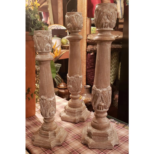 Oversized Rustic Farmhouse Wood Carved Candle Holders- Set of 3 For Sale - Image 10 of 10