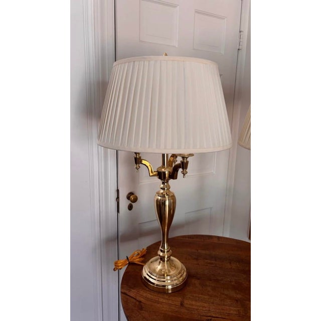 French Vintage Tall Heavy Brass Three Arm Bouillotte Lamps With Creamy Off White Pleated Shades - a Pair For Sale - Image 3 of 10