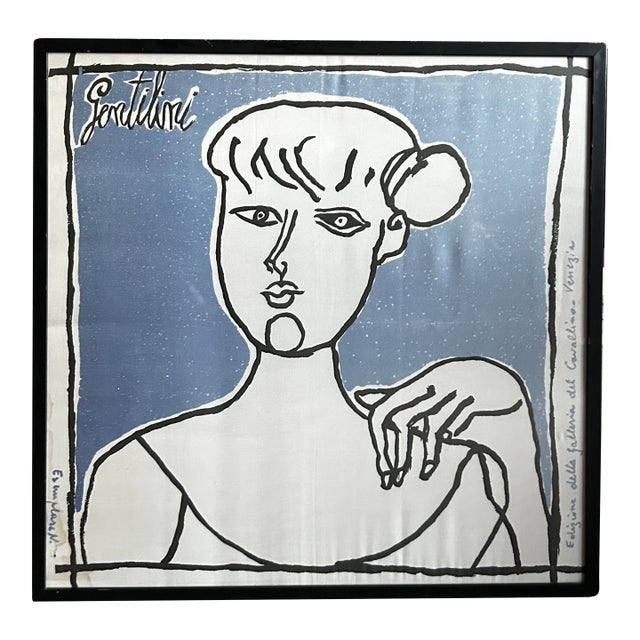 Vintage Framed Abstract Portrait of Woman Lithograph on Fabric by Franco Gentilini (1909-1981) For Sale