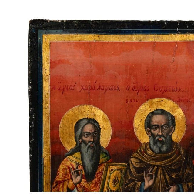 Antique Greek Eastern Orthodox Religious Painted Icon Egg Tempera 3 Saints 1780 For Sale - Image 9 of 15