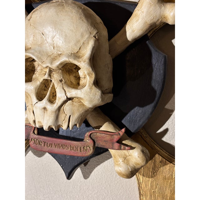 1970s Hand Sculpted, Carved and Parcel Gilt Skull and Crossbones Memento Mori Mounted on a Decorative Plaque For Sale - Image 5 of 11