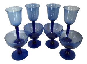 Cobalt Blue Wine Glasses and Cobalt Blue Compote Glasses 4 Each - Set of 8