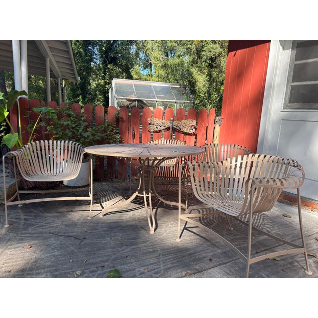 Mid-Century Modern Mid 20th Century Woodard Strap Iron Patio Set, Winter Beige Powder Coated, 5 Pieces, Attributed For Sale - Image 3 of 9
