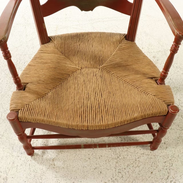 Vintage French Provincial Distressed Terracotta Red Wingback Chair With Gingham Cushions For Sale - Image 11 of 12