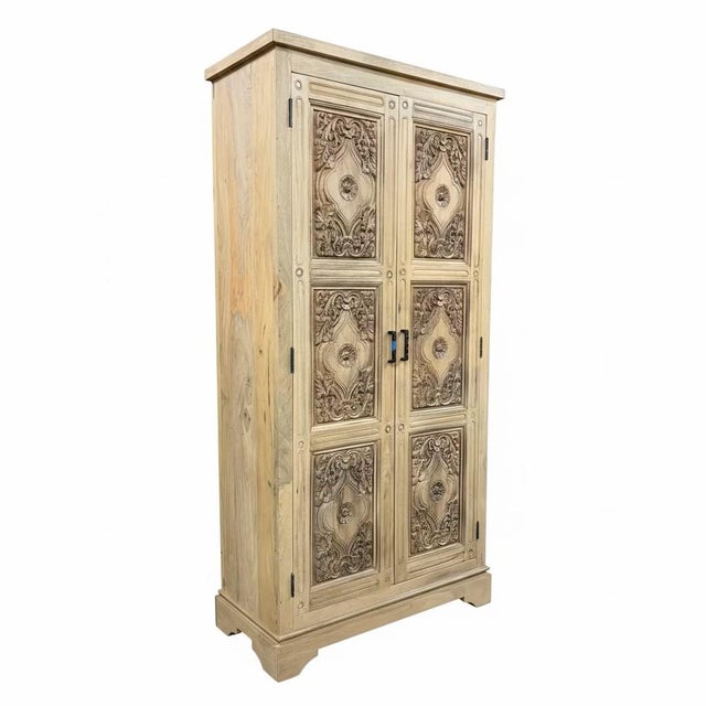 Farmhouse 1980s Modern Farmhouse Style Vintage Carved Doors Tall Armoire For Sale - Image 3 of 7