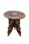 Vintage Anglo-Indian carved teak folding tripod pedestal plant stand table featuring a reticulated floral design and brass...