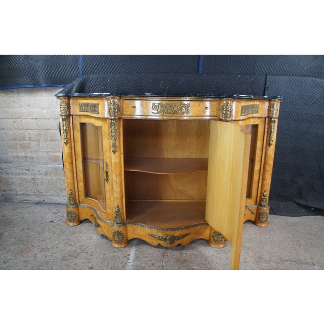 Vintage French Empire Style Birdseye Maple Ormolu Sideboard Display Cabinet 69" For Sale - Image 11 of 14