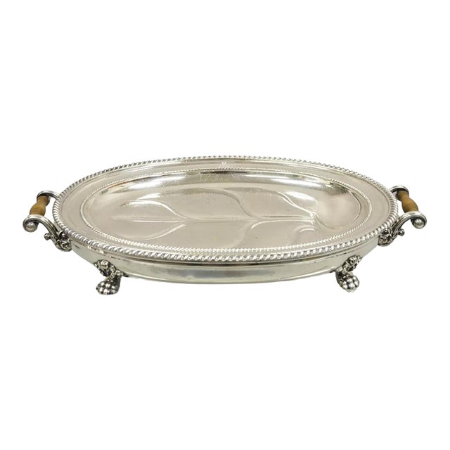Antique English Victorian Silver Plated Paw Foot Meat Cutlery Chaffing Dish Tray For Sale