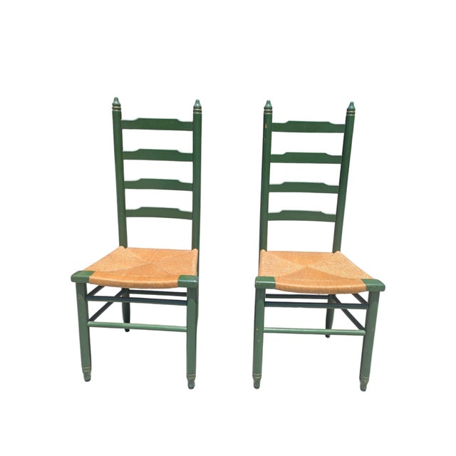 A Pair of Vintage Wooden Ladderback Farmhouse Side Chairs painted Green with Woven Rush Seats Perfect used with a small...