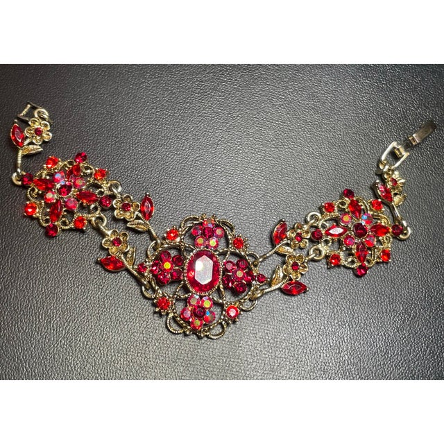 Christian Dior MCM Jewelry by Bohemian (Czech) Artisans. Panel Link Bracelet Large Faceted Oval Ruby Glass Stone, Surrounded by Quatrefoil-Arranged Floral Clusters. For Sale - Image 4 of 8