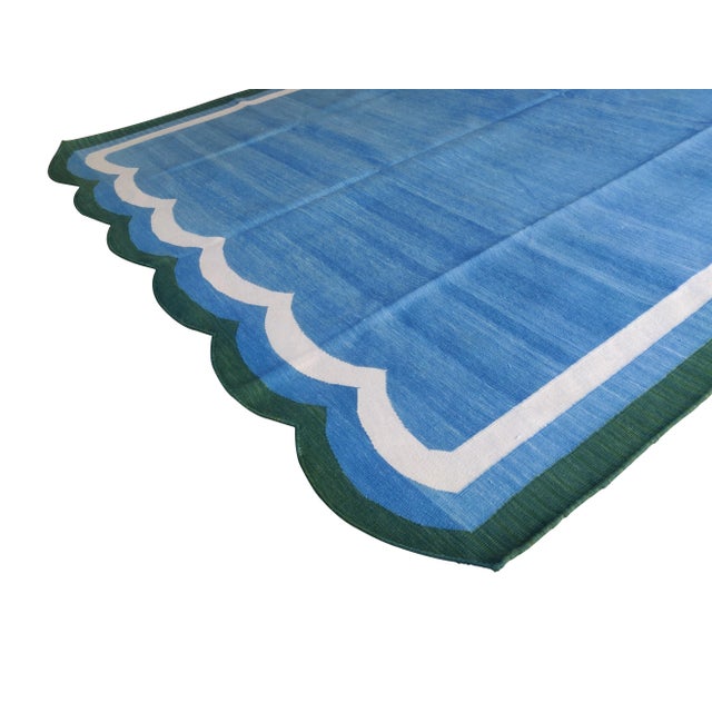 Mid-Century Modern Handmade Woolen Scalloped Rug, Blue With Cream and Green Border 8'x10' For Sale - Image 3 of 7