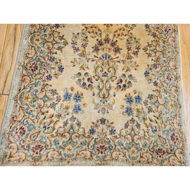 Ivory Vintage Persian Kerman Runner, Handwoven Allover Floral Pattern, Ivory & Blue, 3’ X 12’ For Sale - Image 8 of 10