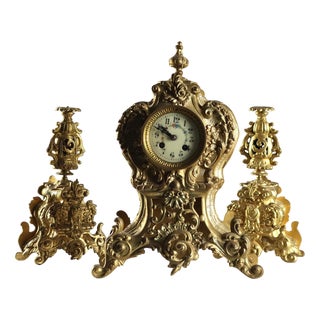 Triptych Clock in Gilded Bronze, Set of 3 For Sale