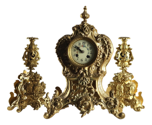 Triptych Clock in Gilded Bronze, Set of 3