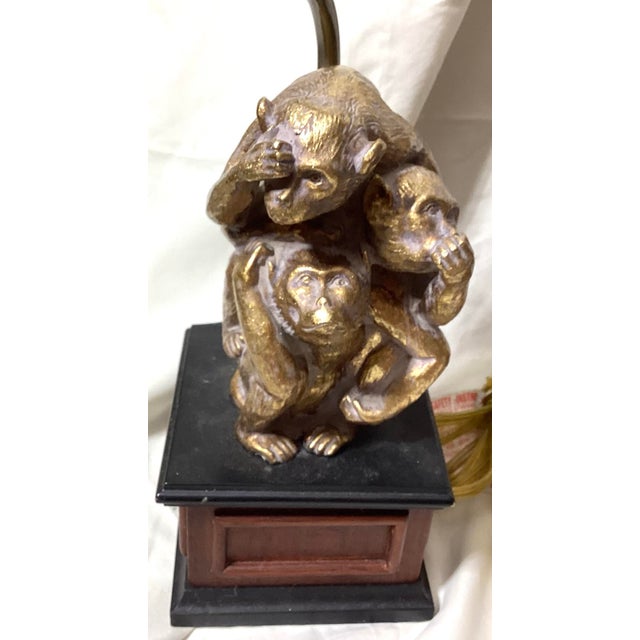 Wood Bombay Monkey Brass Lamps. See No Evil, Hear No Evil, Speak No Evil - a Pair For Sale - Image 7 of 11