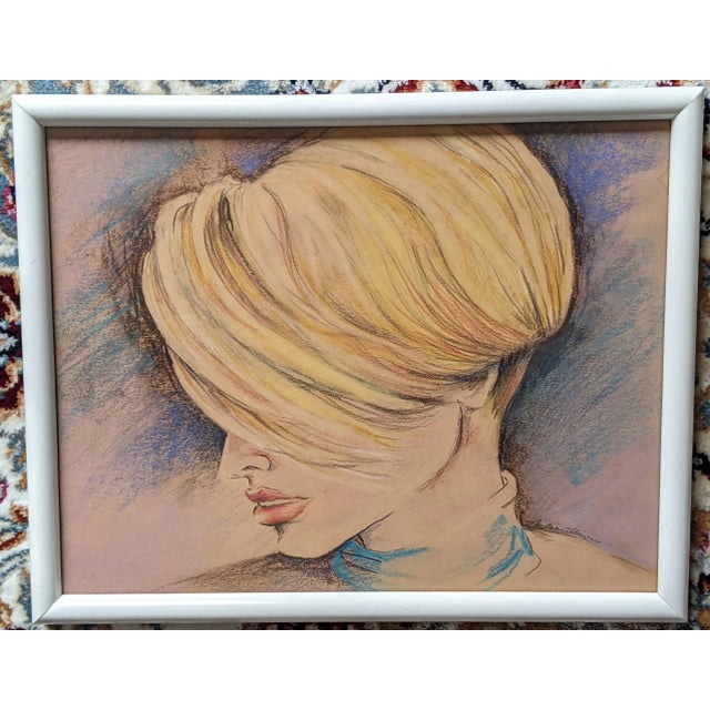 Peach Vintage 1980s Modern Pastel Portrait Signed For Sale - Image 8 of 10