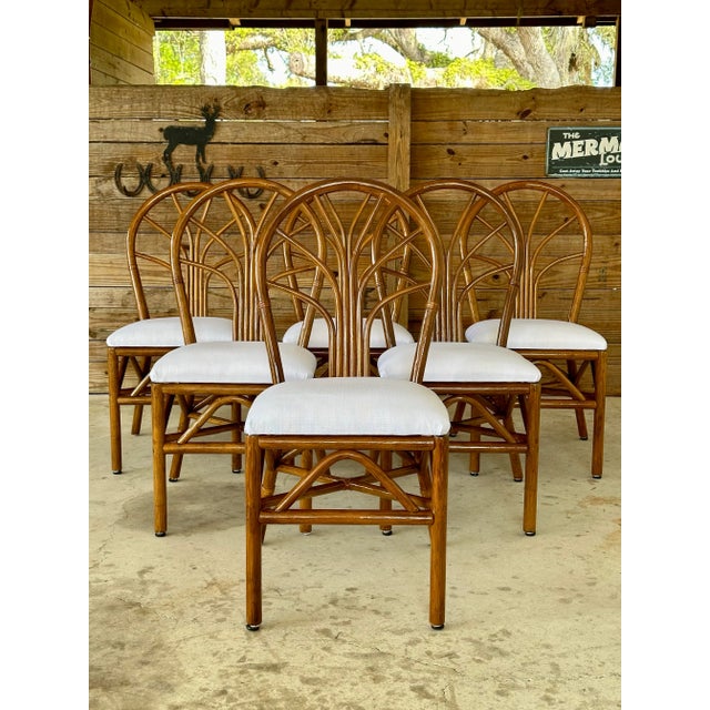 Set of 6 Restored Coastal Rattan Dining Chairs in White Sunbrella For Sale - Image 11 of 11