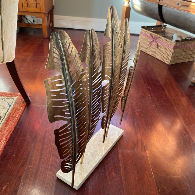 Banana Leaf Metal Sculpture With Distressed Gold Tone Finish Mounted on a Marble Base For Sale In Sacramento - Image 6 of 12