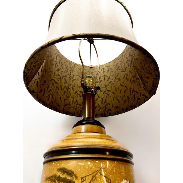 Chinoiserie Mid 20th Century Paul Hanson Chinoiserie Ocher Yellow Ceramic Table Lamp With Original Shade For Sale - Image 3 of 11