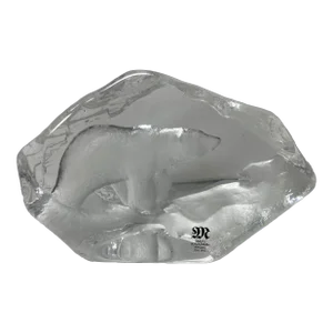 1990s Mats Jonasson Sweden Glass Crystal Polar Bear Sculpture Paperweight Signed