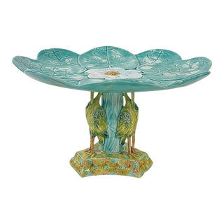Late 20th Century Mottahedeh Italian Majolica Ibis & Lotus Pedestal Compote For Sale