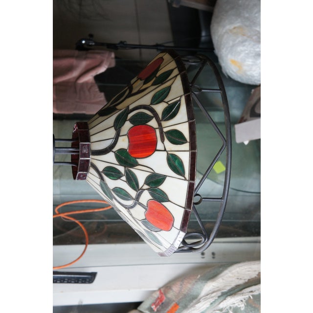 Tiffany Style Iron & Leaded Stained Glass Apple Vine Motif Pendant Light Lamp For Sale - Image 6 of 11