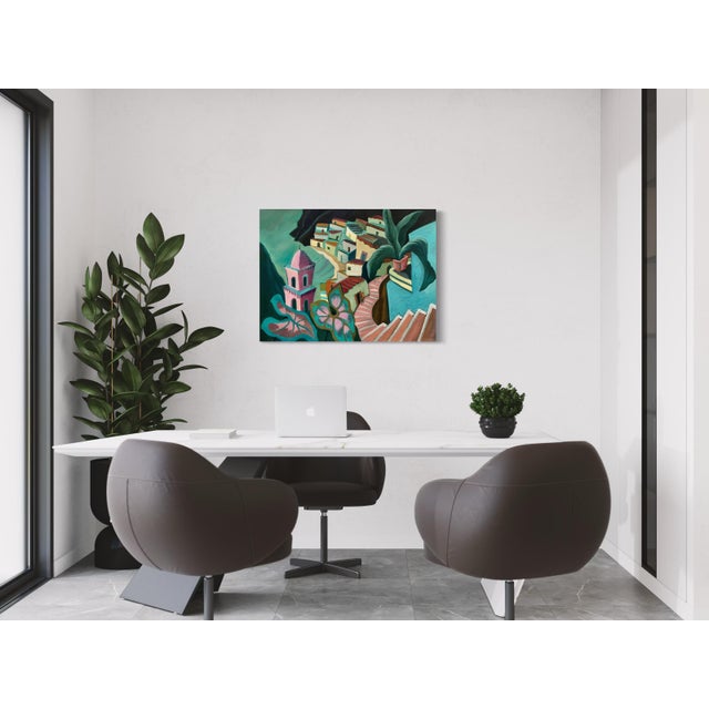 Textile Marc Zimmerman "Nuevo Vallarta" Oil Painting, Mexican Coastal Village, Pink Tower, Teal Architecture, Contemporary Art West Coast For Sale - Image 7 of 9