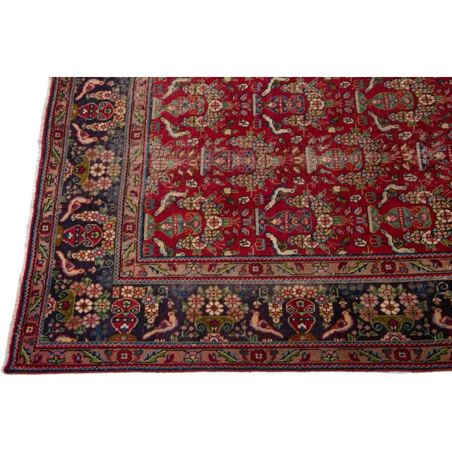 20th Century Antique Persian Tabriz Handmade Red Wool Rug With Allover Pattern For Sale - Image 4 of 9