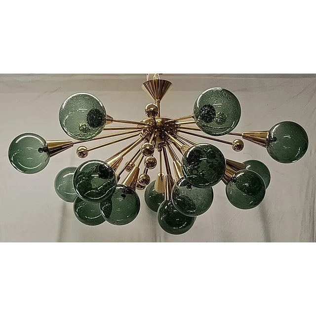 Murano Sputnik Spherical Green Glass and Brass Chandelier, 1990 For Sale - Image 11 of 11