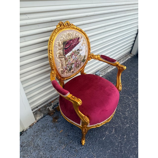 1960s Vintage Set of 2 Louis XVI Armchairs, Hand-Carved Gilded Frame, Velvet Upholstery For Sale - Image 5 of 8